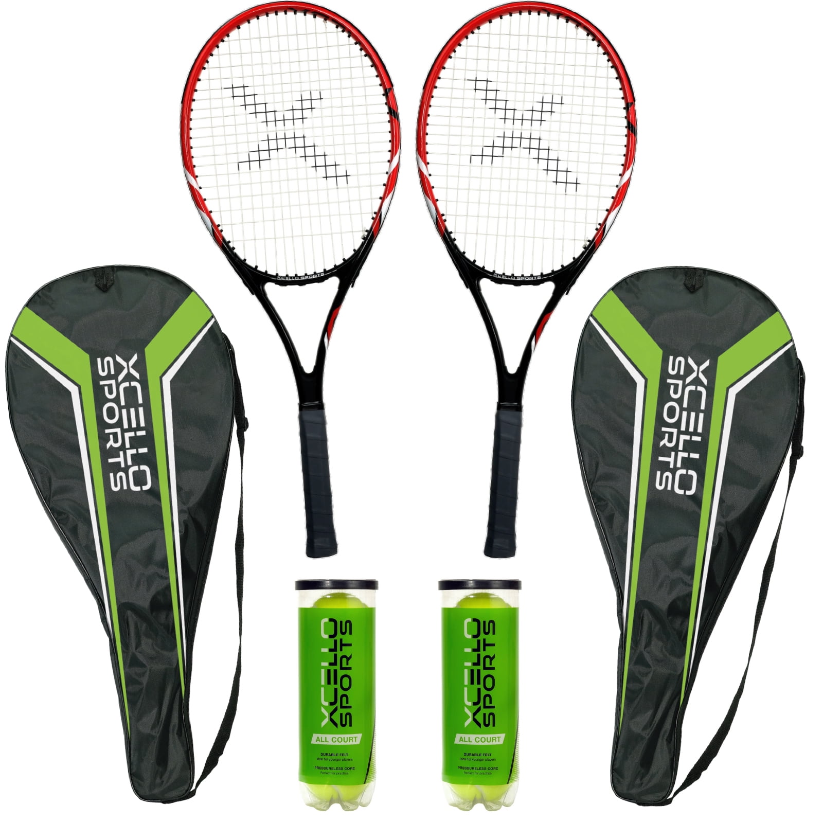 Xcello Sports 2-Player Aluminum Tennis Racket Set for Adult - Includes Two 27" Tennis Rackets, Six All Court Balls, and Two Carry Cases - Red/Black