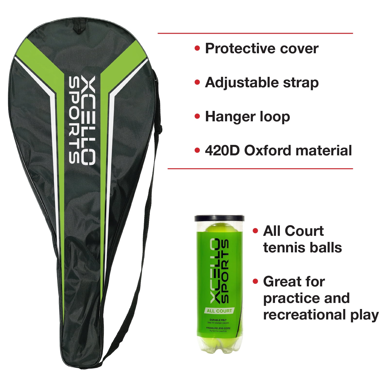 Xcello Sports 2-Player Aluminum Tennis Racket Set for Adult - Includes Two 27" Tennis Rackets, Six All Court Balls, and Two Carry Cases - Red/Black - Image 4