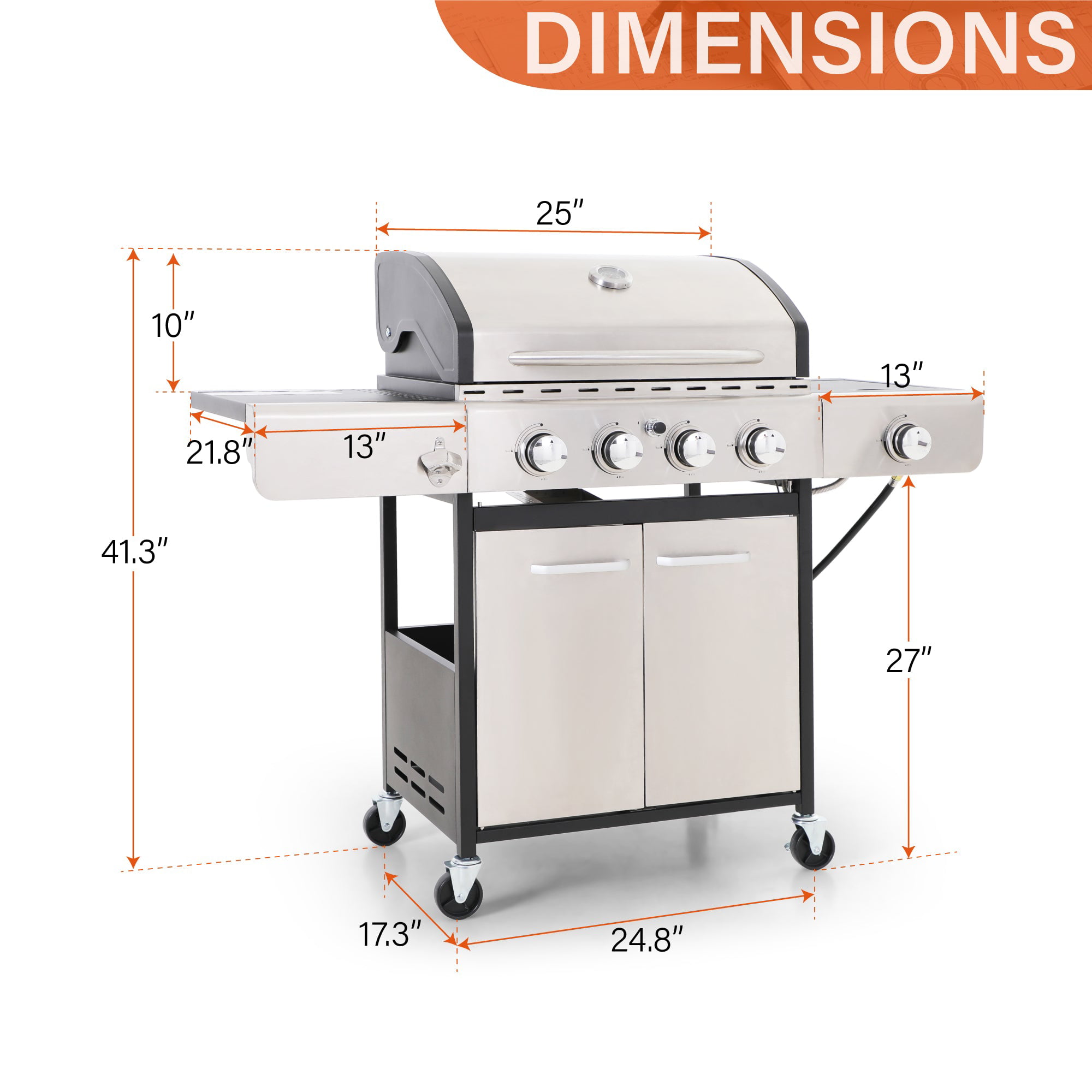 Sophia & William Stainless Steel Portable 4-Burner Propane Gas Grill with Side Burner - Image 3
