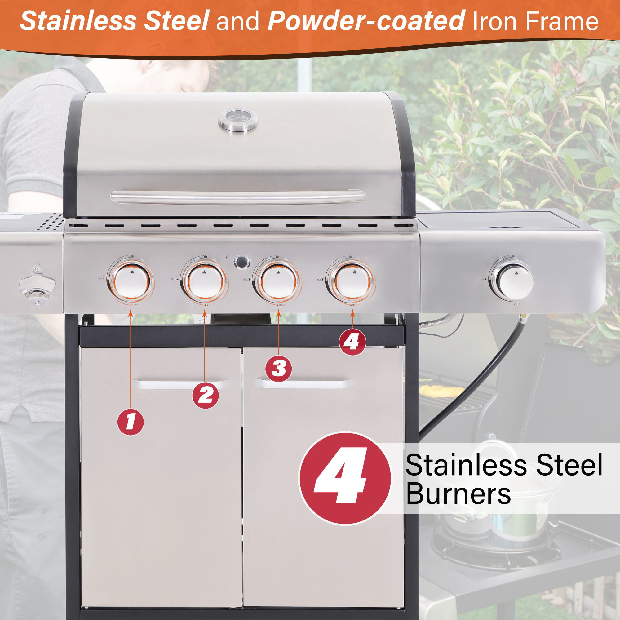 Sophia & William Stainless Steel Portable 4-Burner Propane Gas Grill with Side Burner - Image 4