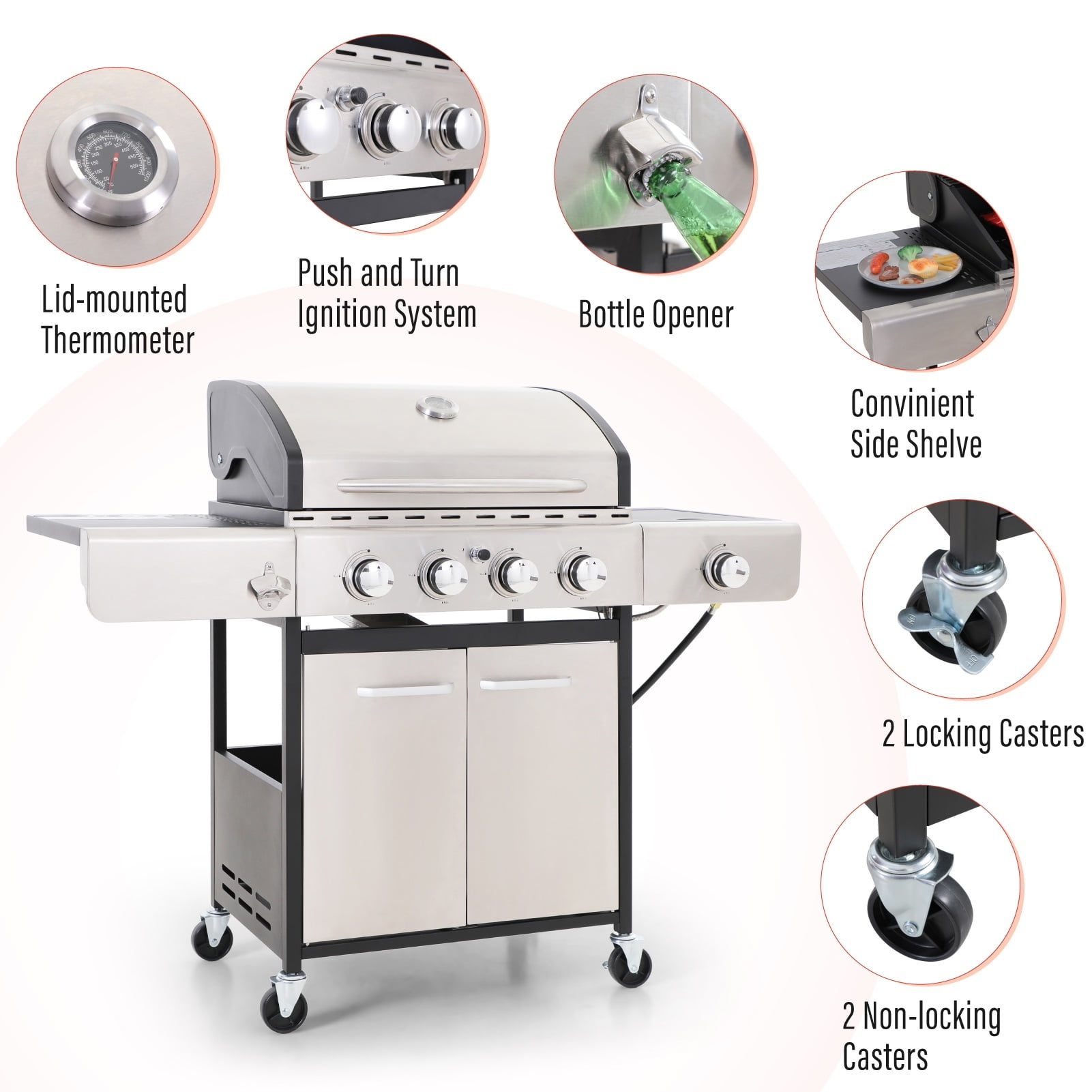Sophia & William Stainless Steel Portable 4-Burner Propane Gas Grill with Side Burner - Image 5