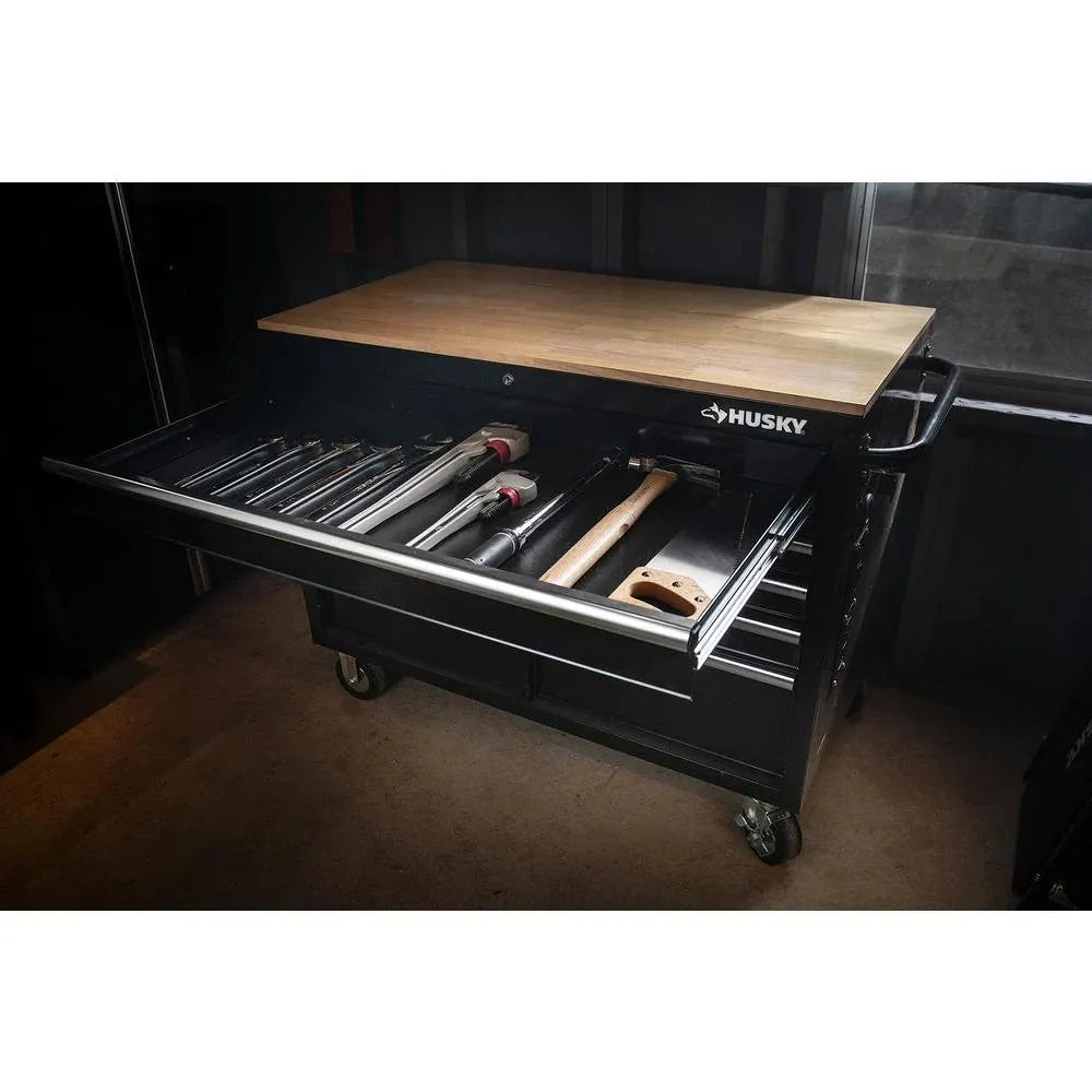 46 in. W x 24.5 in. D 9-Drawer Gloss Black Deep Tool Chest Mobile Workbench with Hardwood Top and Power Station - Image 7