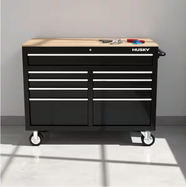 46 in. W x 24.5 in. D 9-Drawer Gloss Black Deep Tool Chest Mobile Workbench with Hardwood Top and Power Station - Image 3