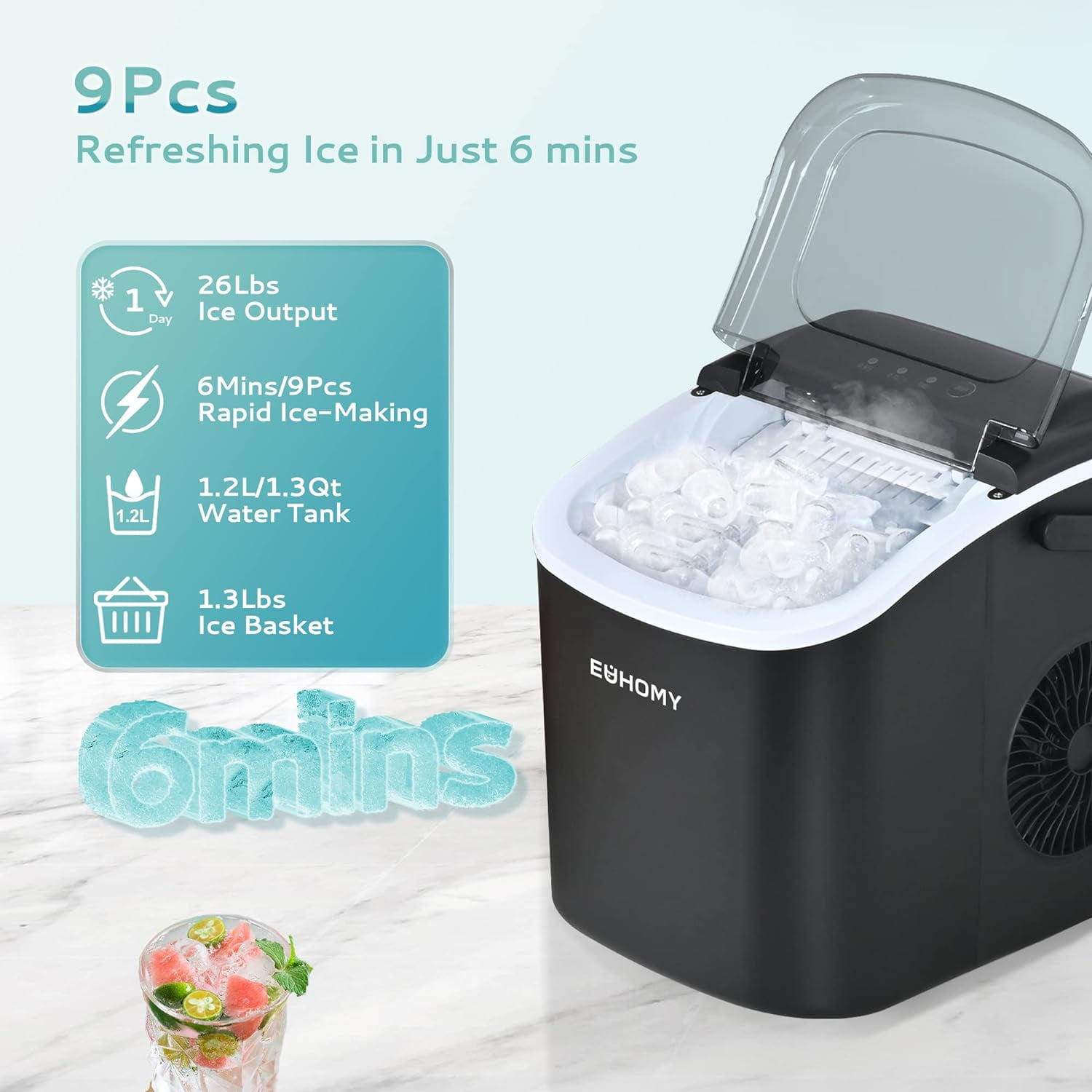 EUHOMY Countertop Ice Maker Machine with Handle, 26lbs in 24Hrs, 9 Ice Cubes Ready in 6 Mins, Auto-Cleaning Portable Ice Maker with Basket and Scoop, for Home/Kitchen/Camping/RV. - Image 2