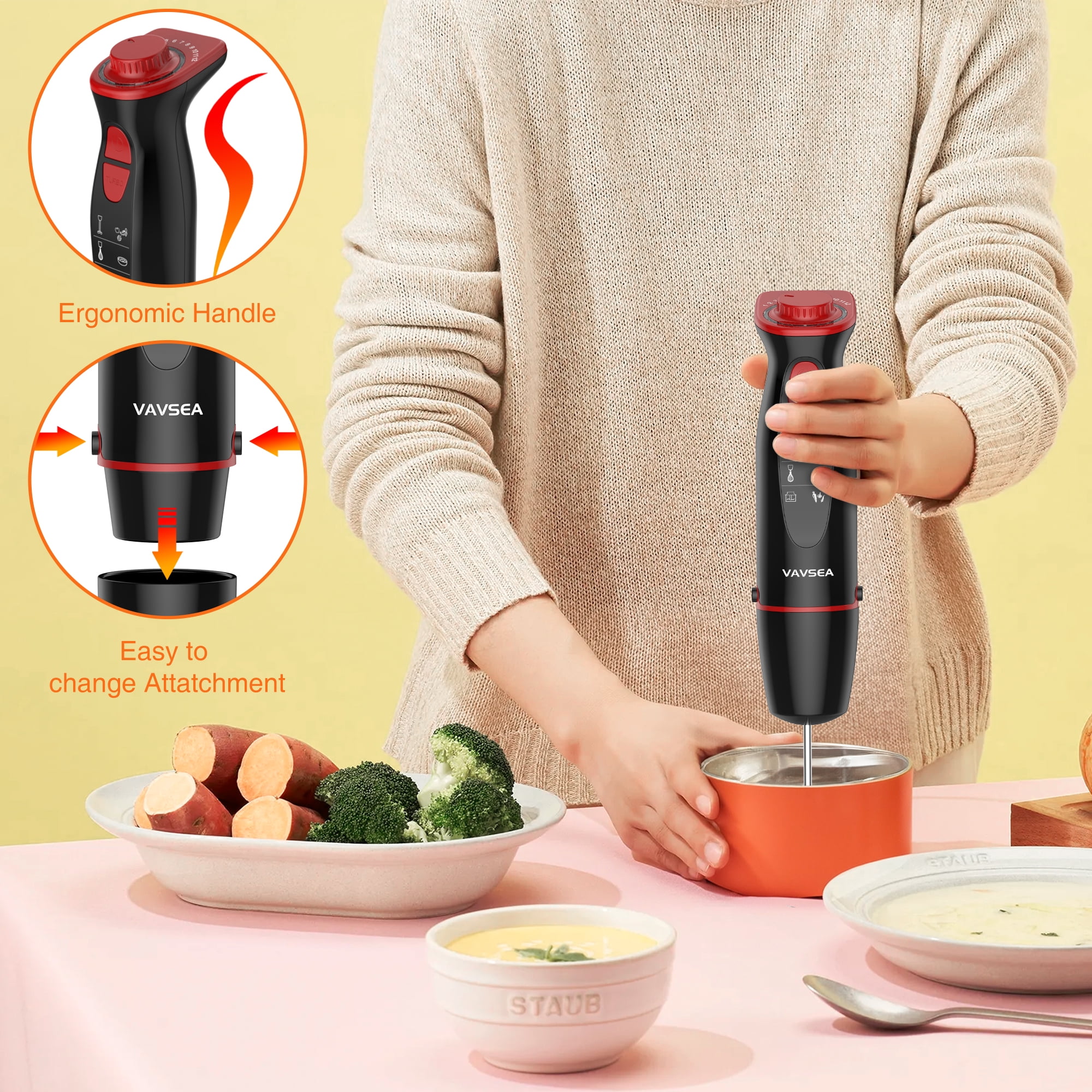 VAVSEA Immersion Hand Blender, 12-Speed Multi-Function Handheld Stick Blender with Stainless Steel Blades, Chopper, Beaker, 600ml, Whisk and Milk Frother for Baby Food/Smoothies/Puree, BPA Free - Image 6