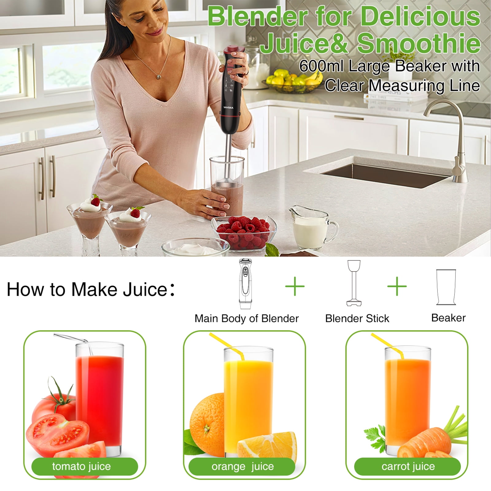 VAVSEA Immersion Hand Blender, 12-Speed Multi-Function Handheld Stick Blender with Stainless Steel Blades, Chopper, Beaker, 600ml, Whisk and Milk Frother for Baby Food/Smoothies/Puree, BPA Free - Image 7