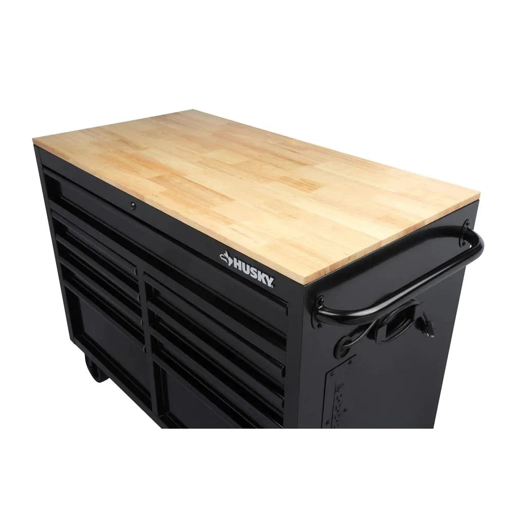 46 in. W x 24.5 in. D 9-Drawer Gloss Black Deep Tool Chest Mobile Workbench with Hardwood Top and Power Station - Image 4